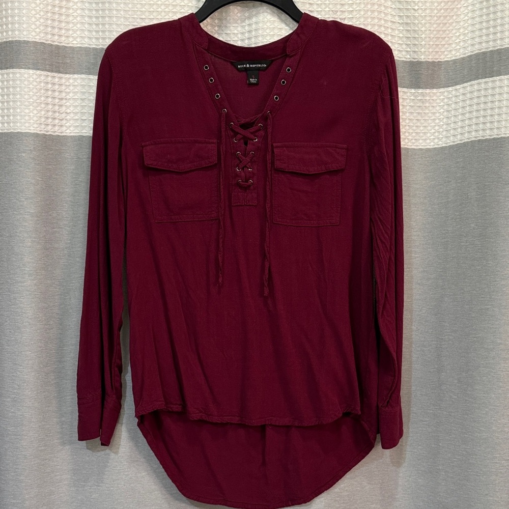 Rock & Republic Burgundy Lace-Up Blouse